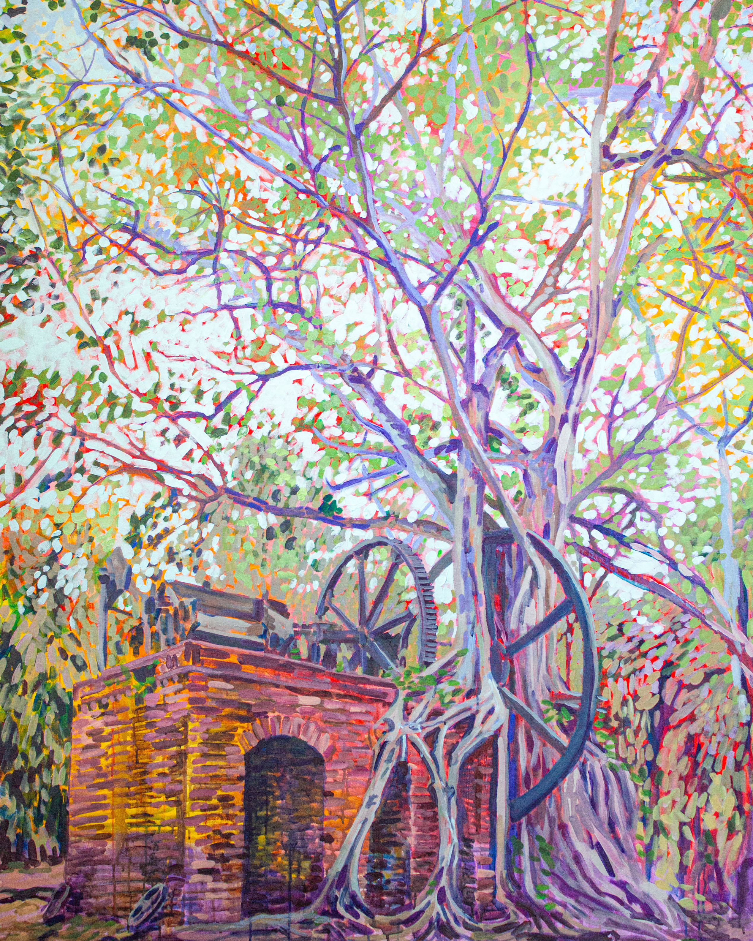 Lamanai Sugar Mill - This is a painting of the abandonded sugar mill found in the Lamanai Archeoligcal reserve in Belize. In the center of the sugar mill is this gorgeous tree overtaking the sugar mill., Acrylic